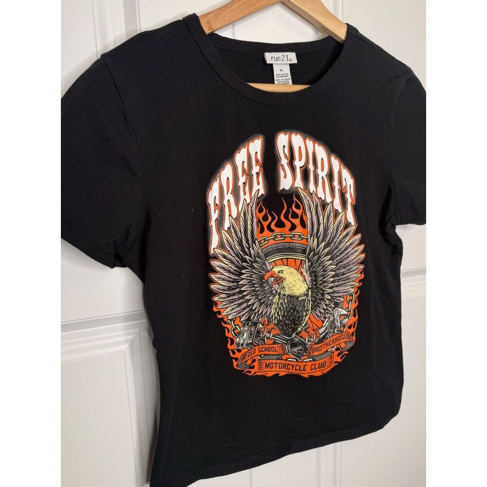 Rue21 Womens XL Free Spirit Eagle Graphic Tee Black Crop Baby Tee Biker Moto Y2K - Picture 2 of 4